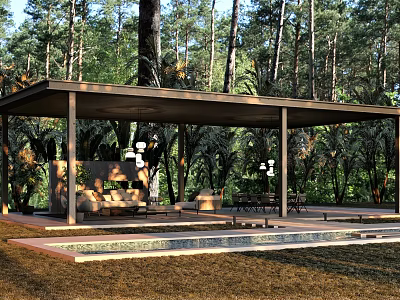 Forest Open Pavilion With Canopy Sofa Table Chairs Natural Surroundings 3d model