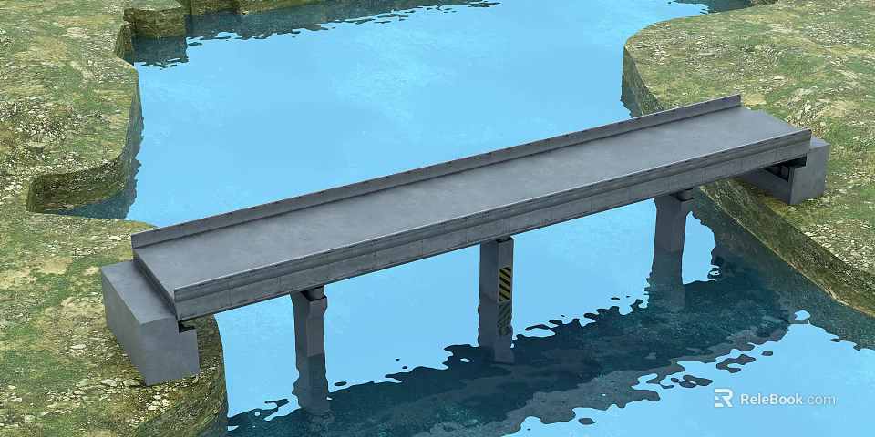 Concrete Landscape Bridge Spanning Across Blue Water With Supporting Pillars And Lush Banks 3d model 