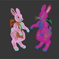 Plush Rabbit Stuffed Toys with Red and Green Bows Dancing on Reflective Surface 3d model