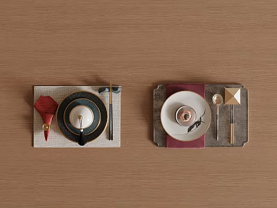 Modern Dinnerware Set with Ceramic Plates Cups Spoons Red Napkins and Wooden Tray 3d model