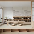 Japanese Tea Room With Tatami Floor Wooden Table Shelves Plants Round Cushions And Shutter Window