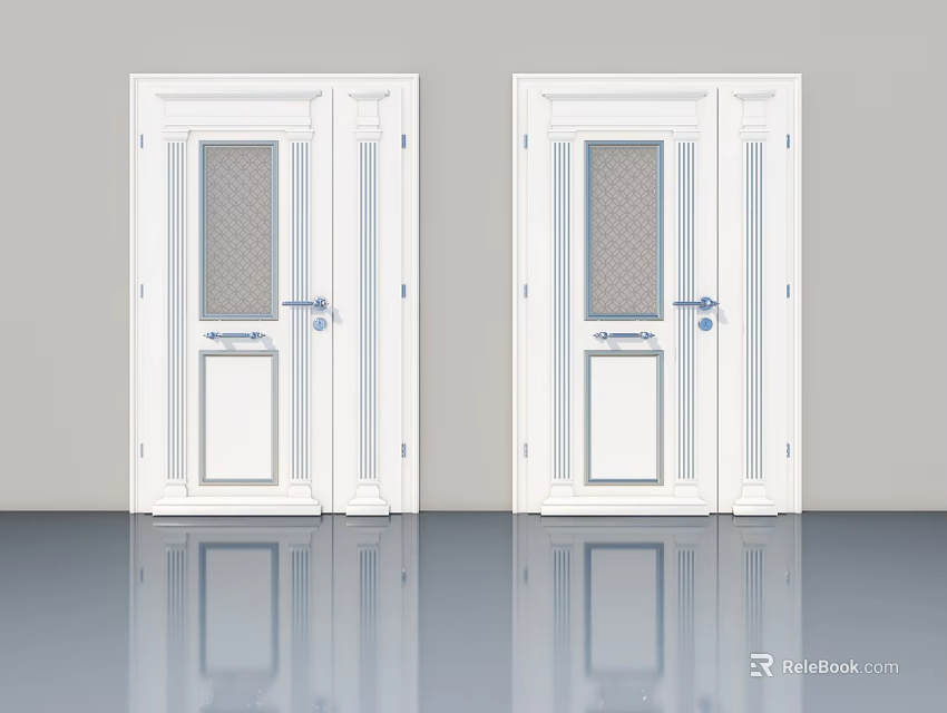 White Interior Swing Doors With Glass Panels And Modern Design Elements 3d model 