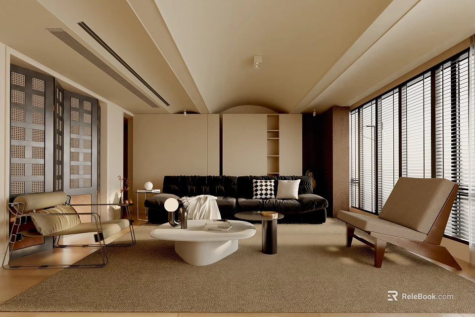 Modern Living Room Interior With Black Sofa Armchair Area Rug And Large Windows With Blinds 3d model 
