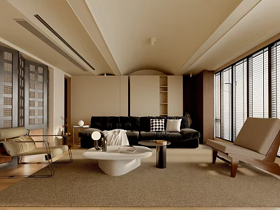 Modern Living Room Interior With Black Sofa Armchair Area Rug And Large Windows With Blinds 3d model