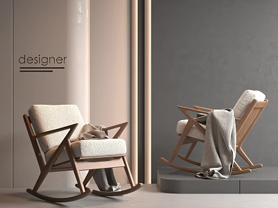 Modern Wooden Rocking Chair with Light-Colored Cushion and Blanket in Modern Interior 3d model