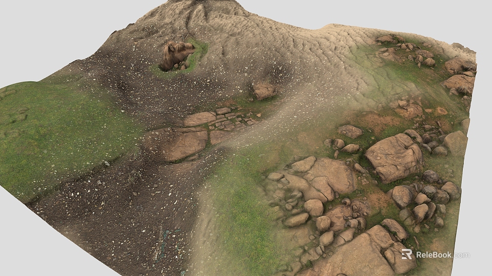 Scenic Mountain Landscape With Green Grass Scattered Rocks And Wild Bear On Slope 3d model 