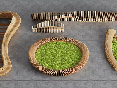 Modern Wooden Outdoor Chair Set With Curved Design And Green Grass Center Insert 3d model