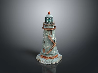 Detailed Lighthouse Model With Spiral Staircase Stone Base And Top Light 3d model