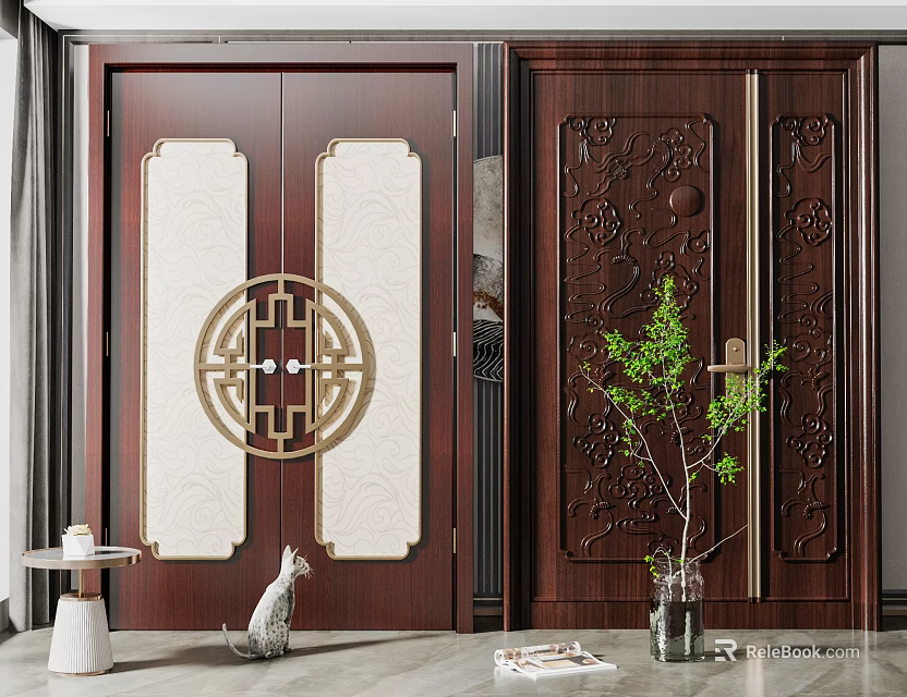 Wooden Double Doors With Carved Patterns Circular Metal Accents And Indoor Green Plant 3d model 