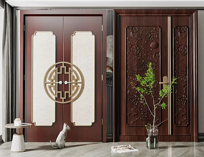 Wooden Double Doors With Carved Patterns Circular Metal Accents And Indoor Green Plant 3d model