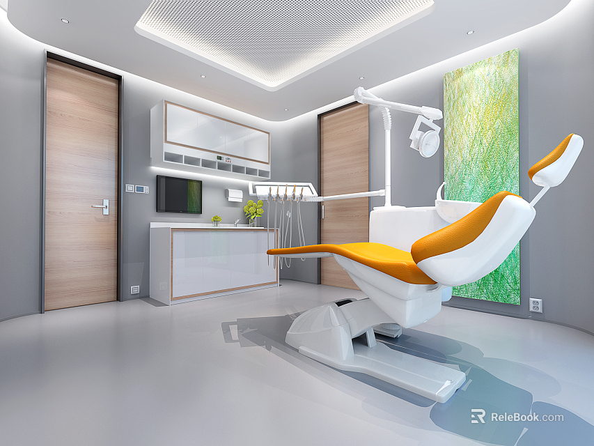 Modern Dental Clinic Interior With White Orange Chair Cabinets And Green Decorative Painting 3d model 