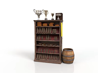 Vintage Display Shelf With Trophies On Upper Shelves And Wooden Barrel For Decorative 3d model