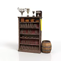 Vintage Display Shelf With Trophies On Upper Shelves And Wooden Barrel For Decorative