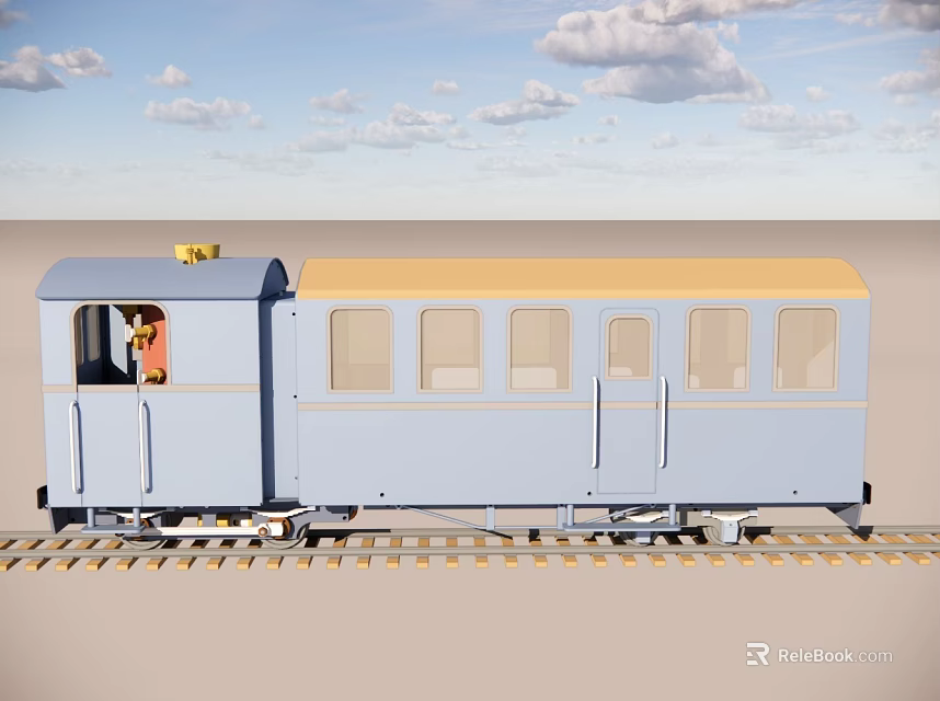Light blue and yellow train carriage with windows and driver on railway track under blue sky 3d model 