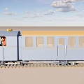 Light blue and yellow train carriage with windows and driver on railway track under blue sky