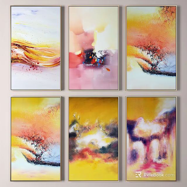 Six Vibrant Abstract Paintings With Colorful Brushstrokes And Modern Art Style 3d model 