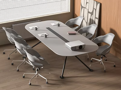 Modern Office Oval Gray Conference Table With Gray Rolling Chairs Projector And Documents 3d model