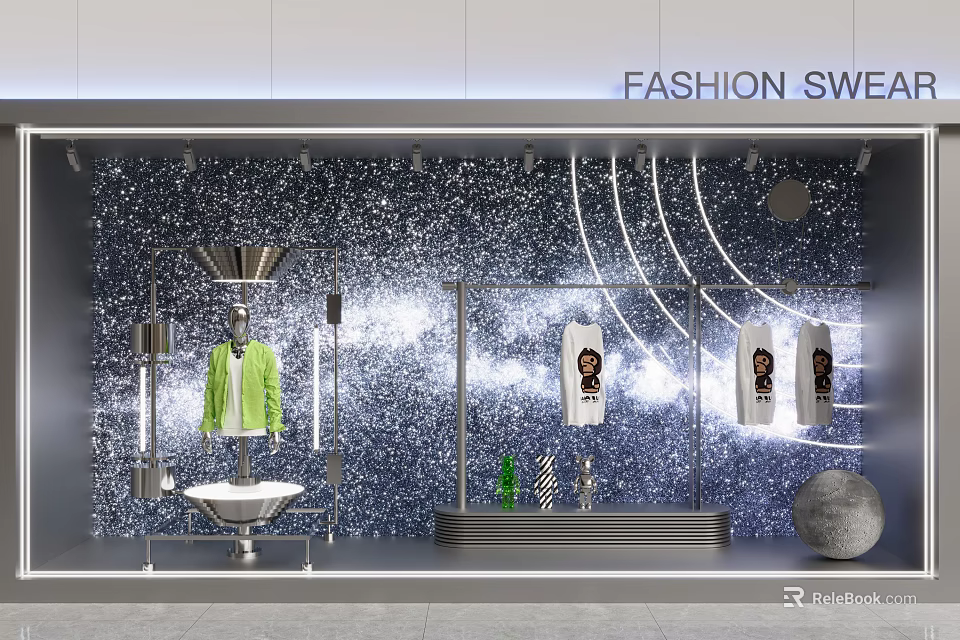 Fashion Sweatshirt Store Window With Sparkling Wall Green Top White Tees And Metal Rack 3d model 