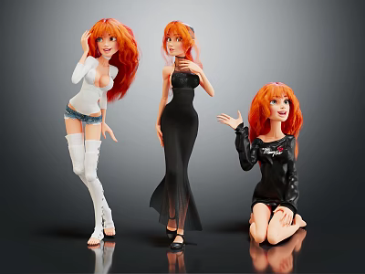 Three Red Haired Female Characters In Various Poses With Different Outfits 3d model