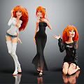 Three Red Haired Female Characters In Various Poses With Different Outfits 3d model