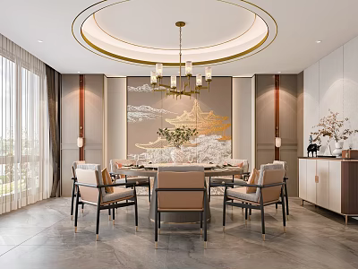 Elegant Private Dining Room Interior With Round Table And Chinese Decor 3d model