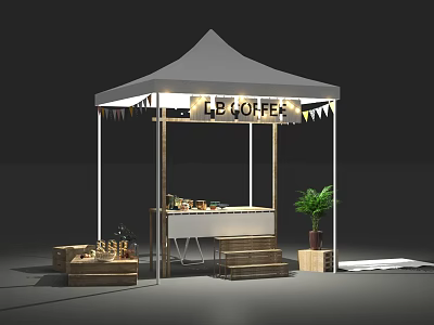 Modern Coffee Stall With White Tent Signboard Banners And Potted Plant 3d model