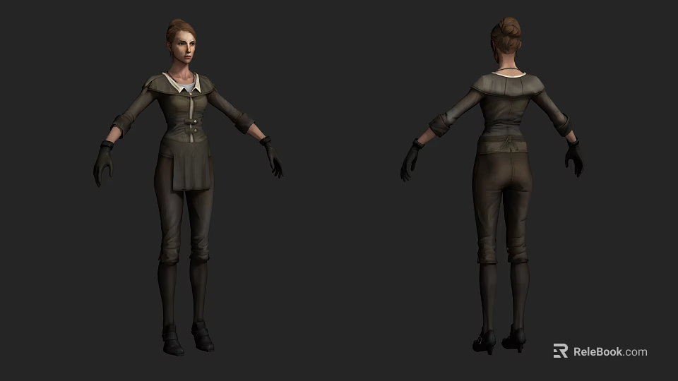 Woman 3D Model in Dark Uniform with Long Sleeves Gloves and Boots 3d model 