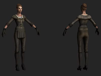Woman 3D Model in Dark Uniform with Long Sleeves Gloves and Boots 3d model