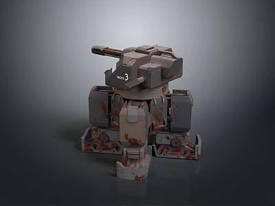 3D Rendered Rusty Mecha Model With Gun Turret In Gray Brown Standing Pose 3d model