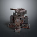 3D Rendered Rusty Mecha Model With Gun Turret In Gray Brown Standing Pose