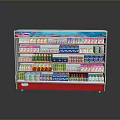 Retail Display Cabinet With Multiple Shelves Holding Various Colorful Products
