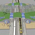 Modern Train Station Design Featuring Green Roof Arched Structures And Pedestrians 3d model