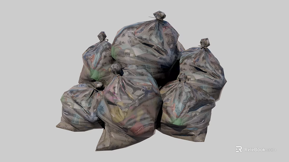 Pile of Full Garbage Bags With Colored Waste Inside On Gray Background 3d model 