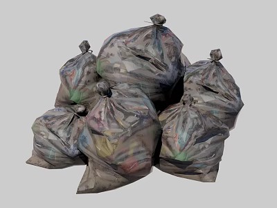 Pile of Full Garbage Bags With Colored Waste Inside On Gray Background 3d model