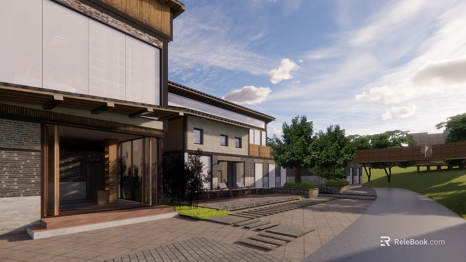 Traditional Japanese Wooden Facade Design With Entrance Garden And Stone Path 3d model 