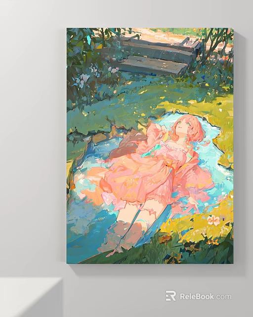 Abstract Painting of Girl in Pink Dress Lying by Water with Green Grass and Flowers 3d model 