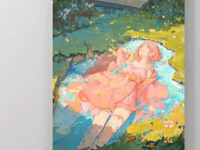 Abstract Painting of Girl in Pink Dress Lying by Water with Green Grass and Flowers 3d model