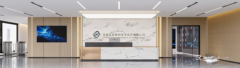 Modern Office Reception Desk With Marble Wall Company Logo And Ceiling Lights 3d model 