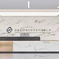 Modern Office Reception Desk With Marble Wall Company Logo And Ceiling Lights