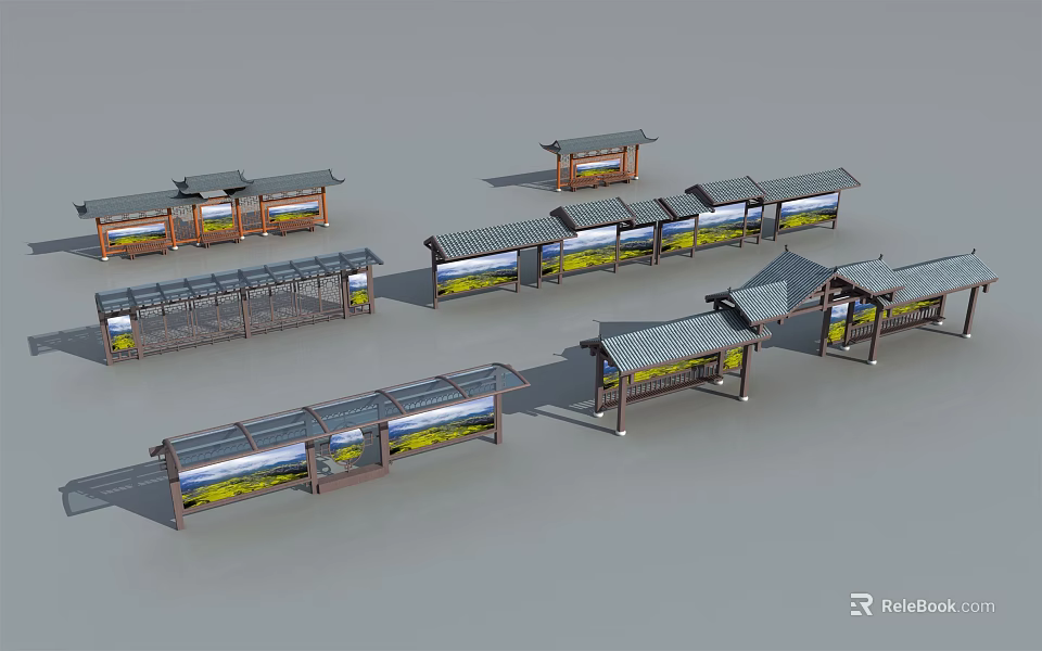 Traditional Style Bus Stops Featuring Wooden Roofs and Display Panels 3d model 