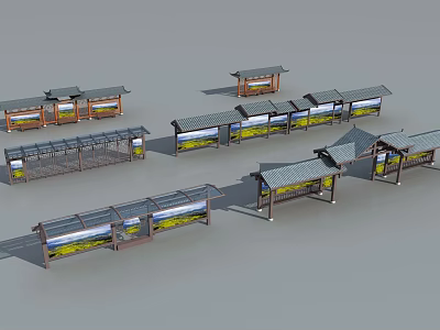 Traditional Style Bus Stops Featuring Wooden Roofs and Display Panels 3d model