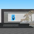 Modern Architectural Exterior Wall With Gray Marble Blue Illuminated Pattern Light Strip And Decorative Tree