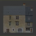 Traditional Building with Gray Roof Red Chimneys Stone Wooden Exterior Arched Doors Windows