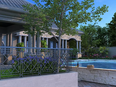 Elegant Modern Garden Landscape Design With Water Pool Stone Pathway And Green Plants 3d model