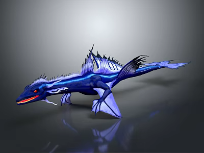 Vibrant Blue Fantasy Aquatic Creature With Glowing Stripes Sharp Spikes And Elongated Fins 3d model