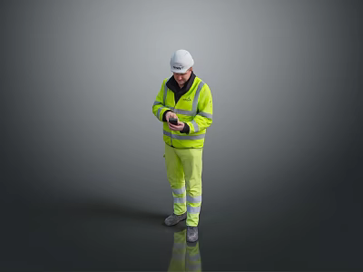 A Man In High Visibility Yellow Vest And White Hard Hat Using Smartphone 3d model