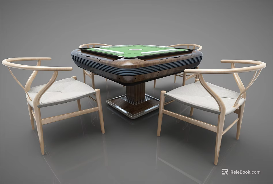 Modern Entertainment Poker Table with Green Felt Top and Wooden Curved Back Chairs 3d model 