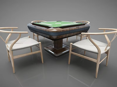 Modern Entertainment Poker Table with Green Felt Top and Wooden Curved Back Chairs 3d model
