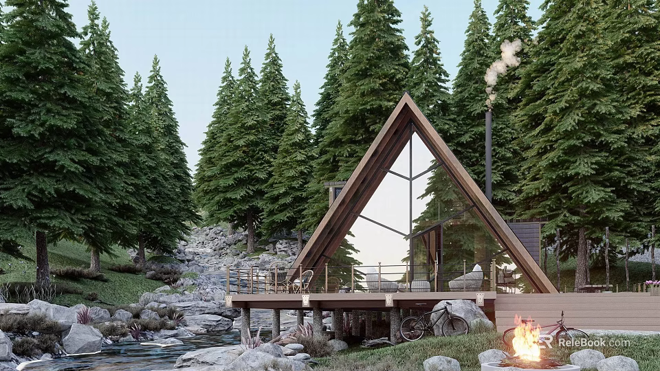 Rustic A Frame Villa Surrounded By Pine Trees Stream Rocks And Wooden Deck With Campfire 3d model
