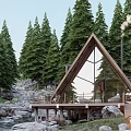 Rustic A Frame Villa Surrounded By Pine Trees Stream Rocks And Wooden Deck With Campfire 3d model